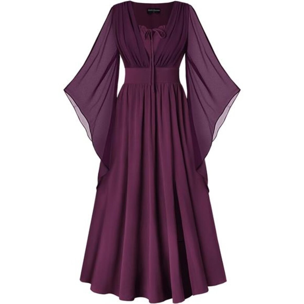 Women's Renaissance Dress Bell Sleeve Fairy Dress Split Maxi Dress with Pockets